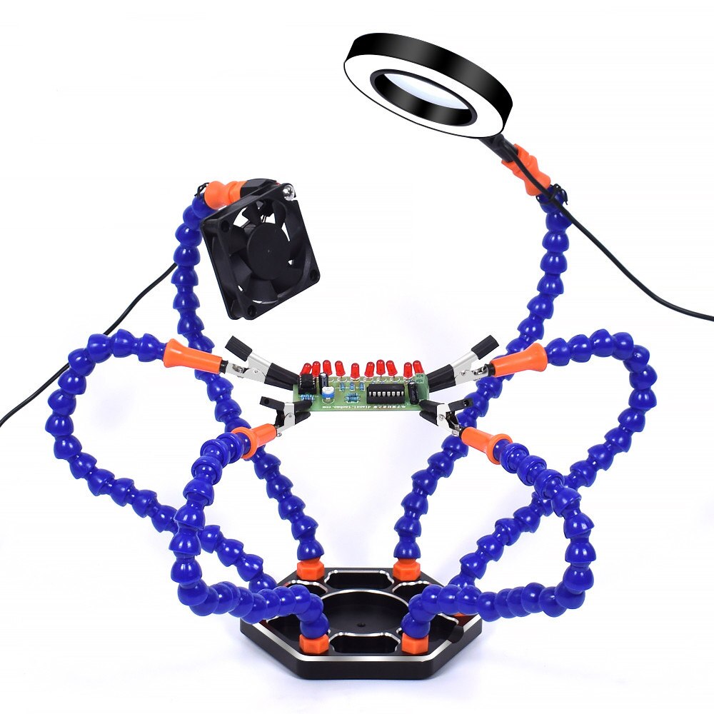 Toolour Helping Hands Third Arm Soldering Work Station 6 Flexible Arms with Precision 360 Degree Alligator Clip USB 3X Magnifier: N-SS6LF-BE9
