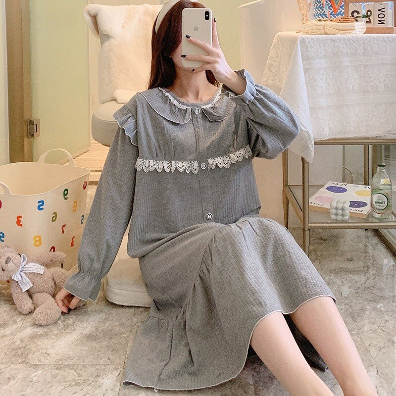 2022 Lente Lange Mouwen Katoenen Losse Lange Jurk Nightgowns Voor Vrouwen Koreaanse Nachtkleding Homewear Nachtjapon Nachthemd Thuis Nachtjapon