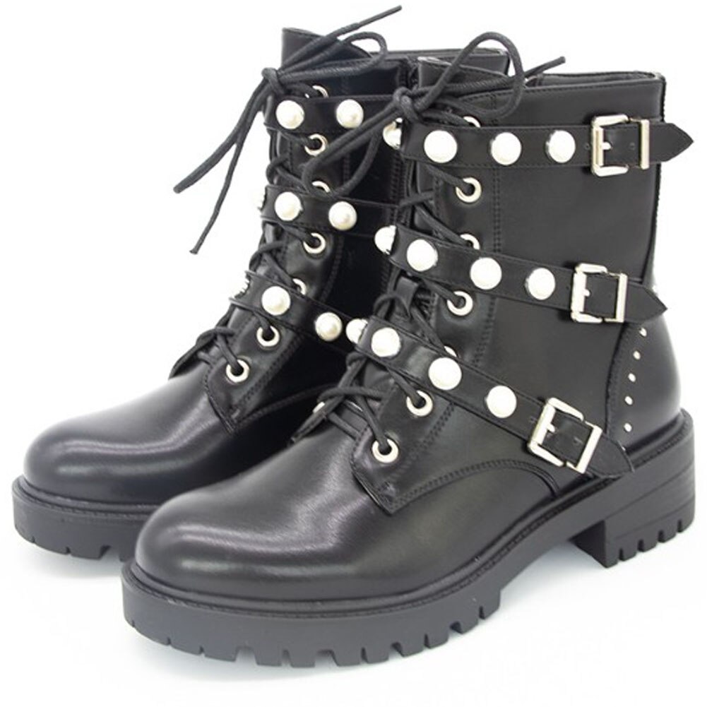 RIBETRINI, punta redonda, plataforma para mujer, zapatos gruesos, hebilla de negra, botines de perlas para mujer, botas de invierno de