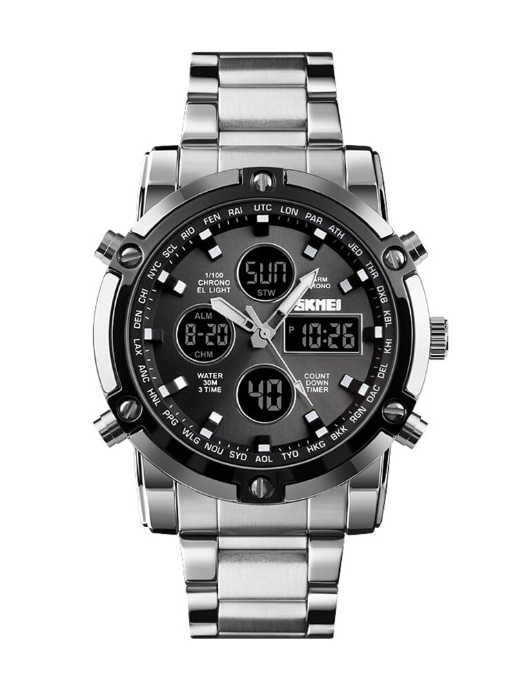 Skmei 3-malige Hintergrund beleuchtung Digitaluhren Herren Vollstahlband-Quarz-Armbanduhr Countdown-Uhr relogio maskulino