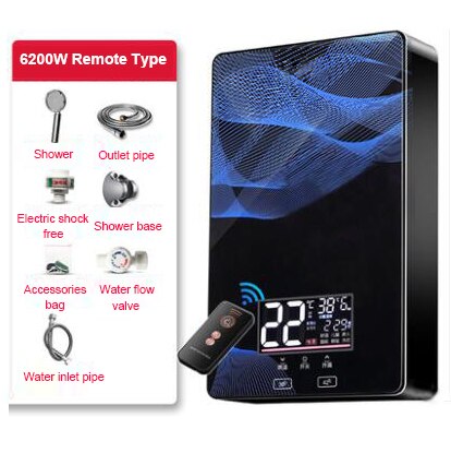 Instant heating remote control electric water heater LED Temperature Display for household small renting room with bath shower: Remote control blue