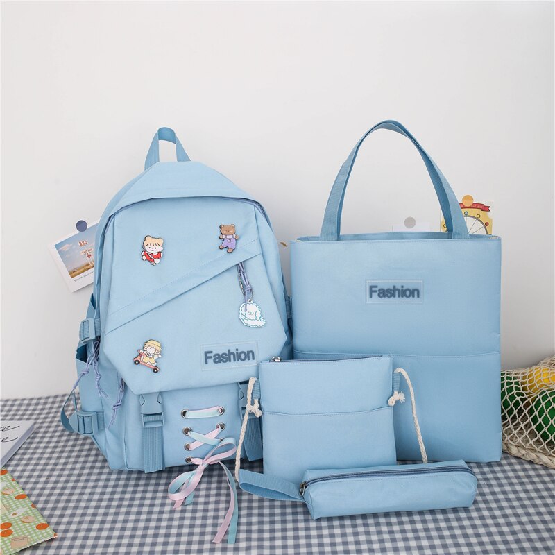 Girls School Bags for Teenage 4 Pcs Set Nylon Cute Ribbon Backpack Women Middle Student Schoolbag: Blue