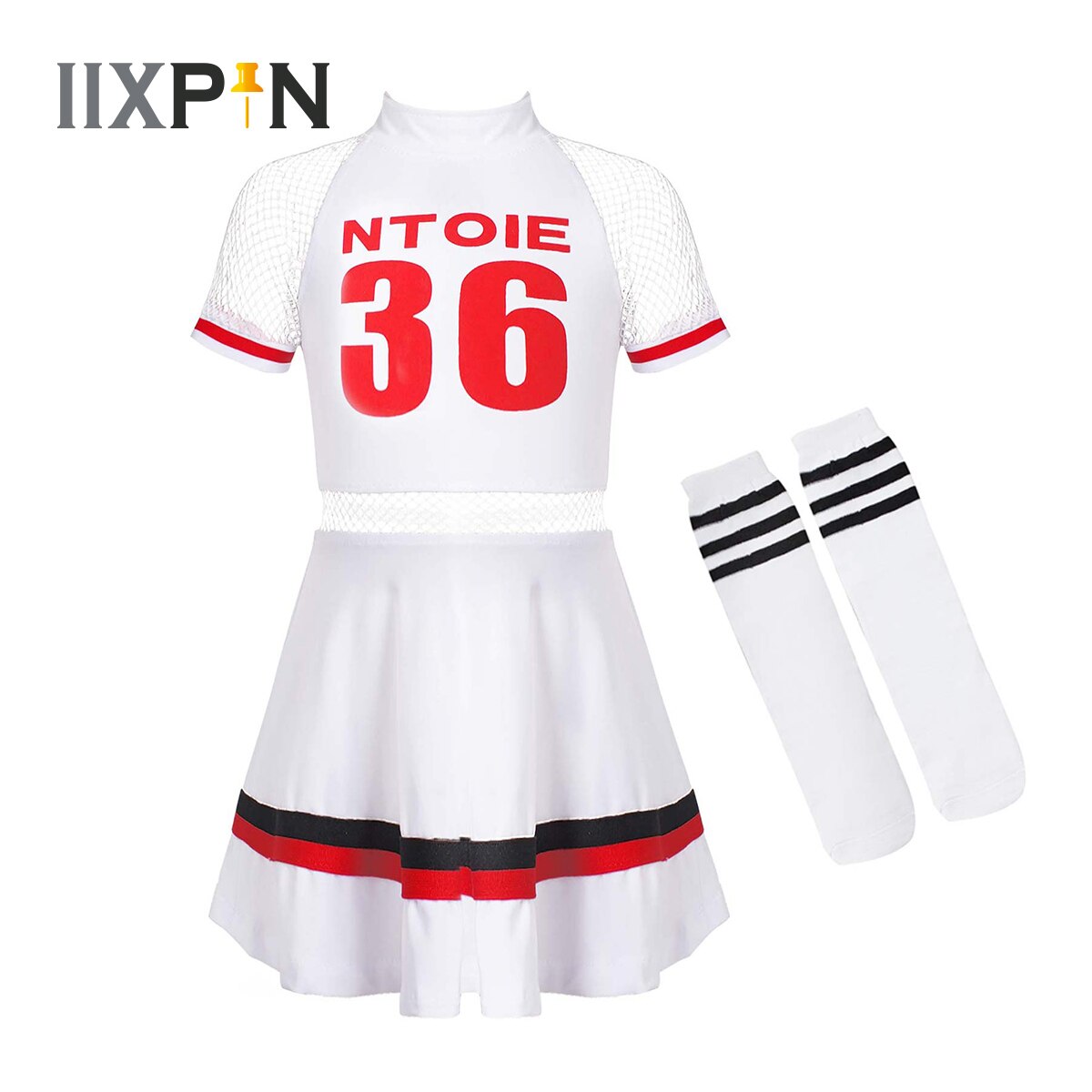 Cheerleader Uniform Kids Girls School Musical Team Suit Fishnet Short Sleeve Dance Dress with Socks Performance Clothes Sets