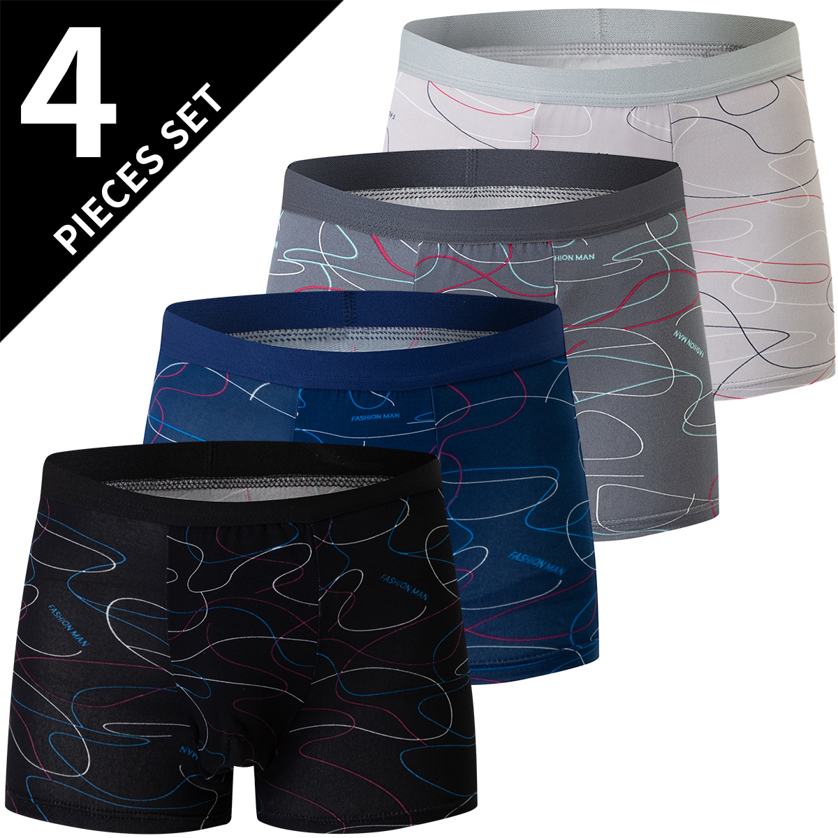 4-teilige Herrenmode-Druck-Mix-and-Match-Unterwäsche, Strandshorts, bequem, atmungsaktiv, Teenager, Übergröße 5XL6XL Boyshort.: XXXL / Dark Grau