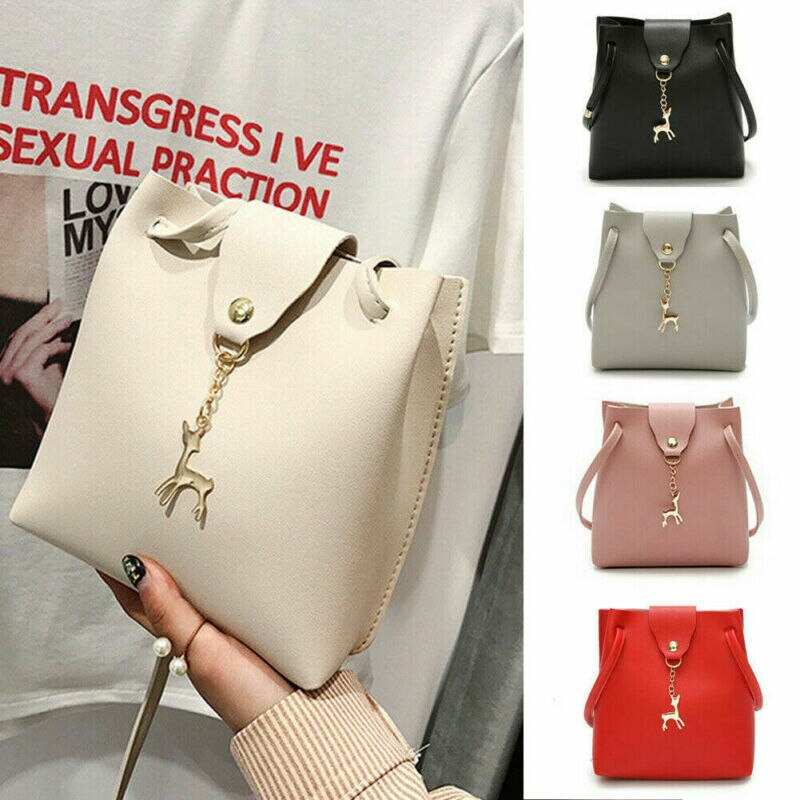 Women Ladies Leather Handbag Solid Hasp With Cute Pendant Shoulder Messenger Crossbody Bag Party Bag