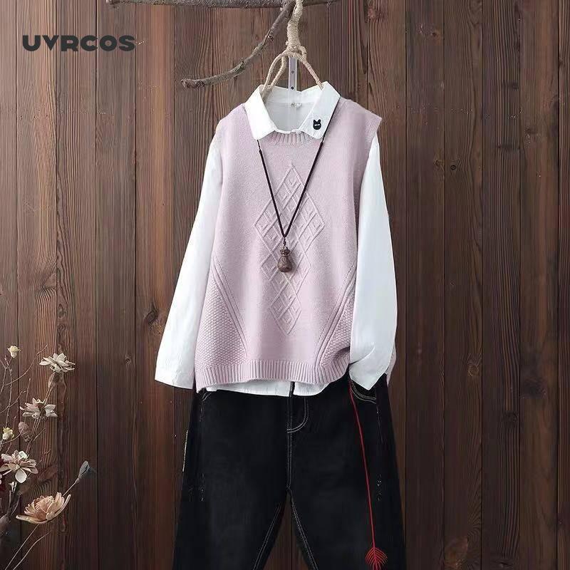 UVRCOS col rond tricoté gilet femmes collège Style pull gilet printemps et automne laine gilet pull ample