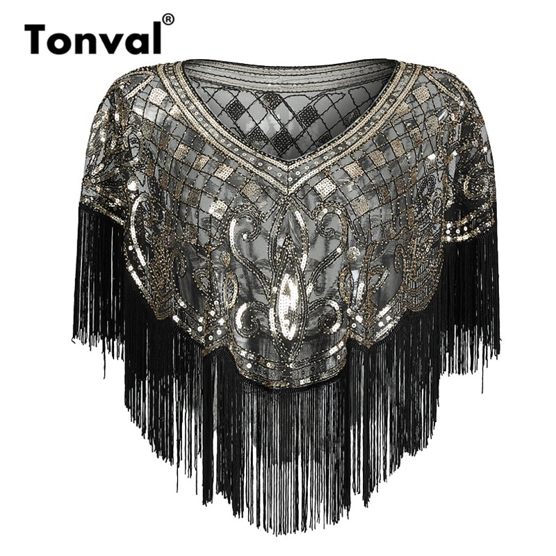 Tonval Vintage 1920s Scarves Pashmina Tassel Beaded Flapper Shawl Women Luxury Sequin Mesh Cape Cover Up Shawls and Wraps