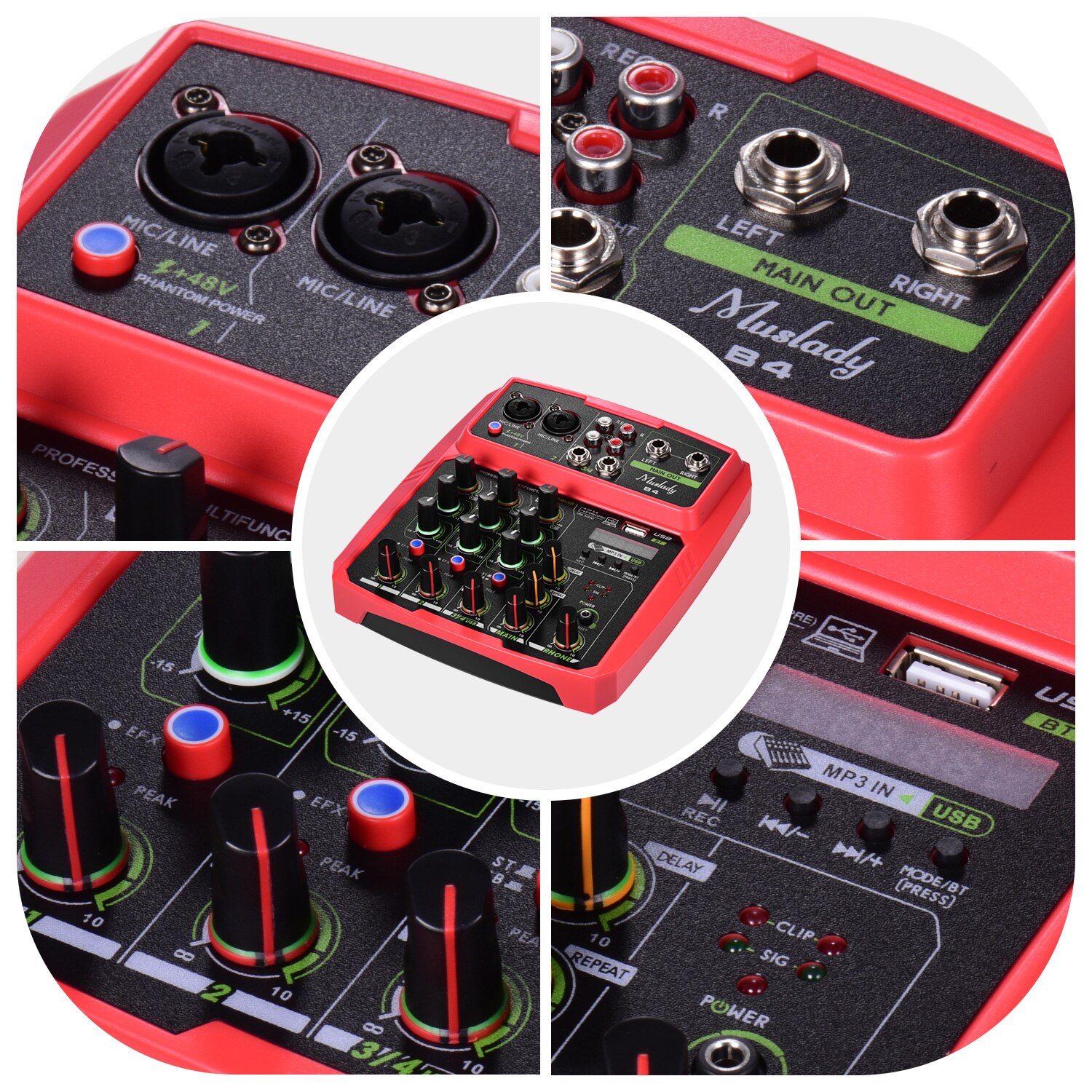 Muslady B4 Portable 4 Channels Audio Mixer USB Mixing Console Supports BT Connection with Sound Card Built-in 48V Phantom Power