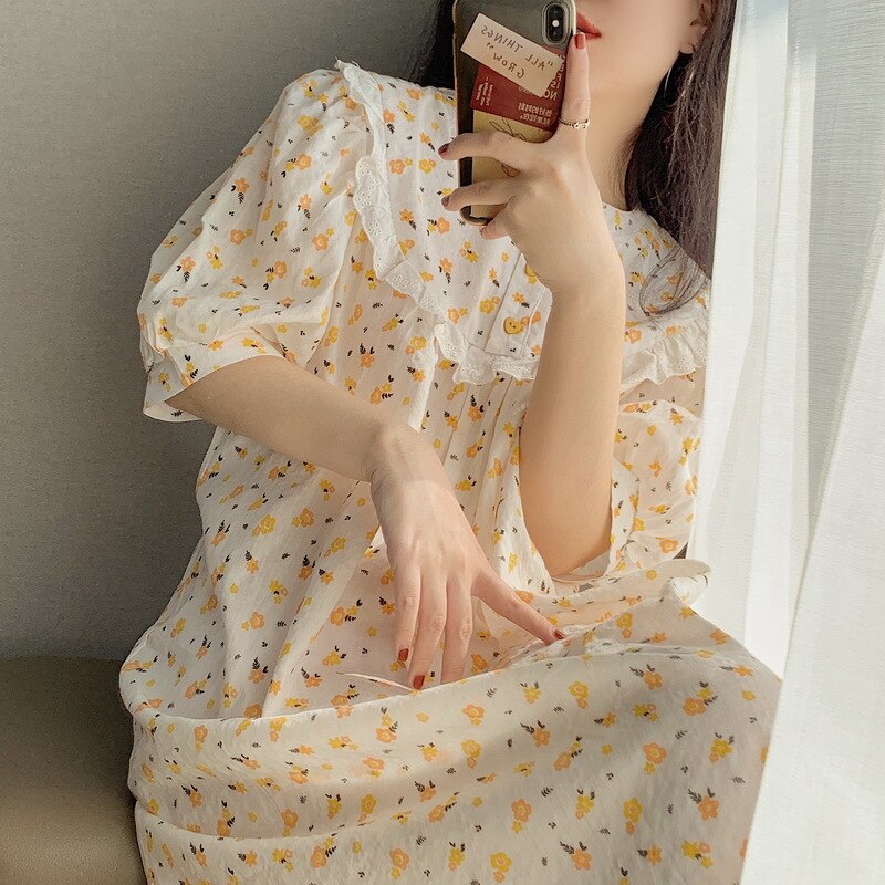 Zoete Leuke Over-De-Knie Vrouwen Nachtjapon Korte Mouwen Katoen Homewear Bloemen Gedrukt Nachthemd Slapen Jurk