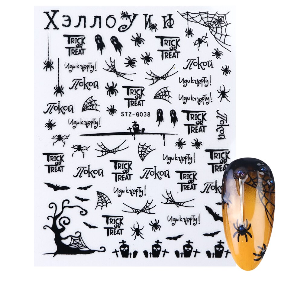 Halloween negler svarte klistremerker nail art dekaler edderkopp spøkelse gresskar kult skummelt skyveomslag negledekor manikyr chstzg 032-040: Stzg 038 svart
