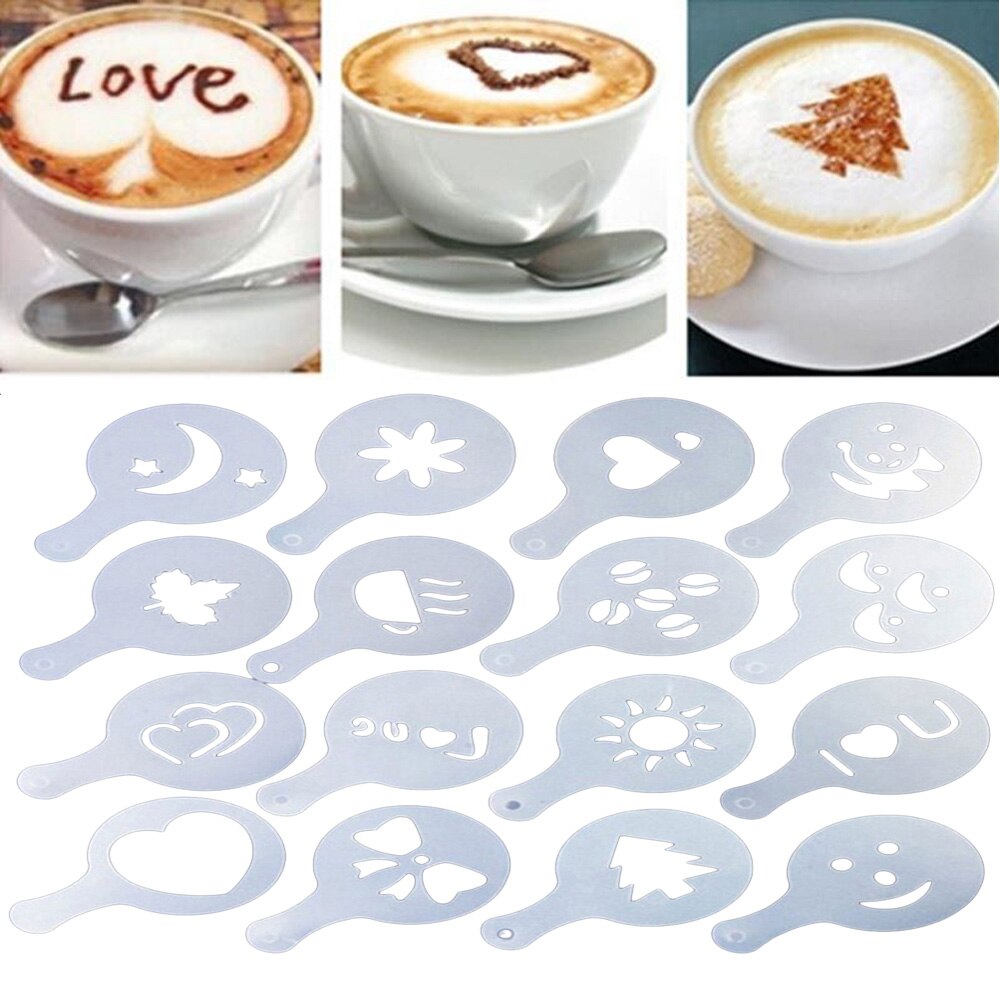 16 stks Koffie Latte Mallen Cappuccino Art Stencils Template Strooit Bloemen Pad Duster Spray voor Koffie Decoratie