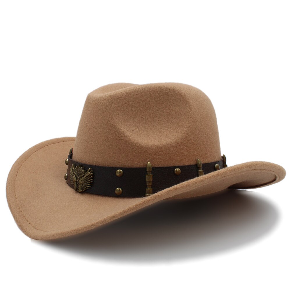 Wome Black Wool Chapeu Western Cowboy Hat Jazz Sombrero Hombre Cap Lady Cowgirl Hats Size 56-58cm: Khaki