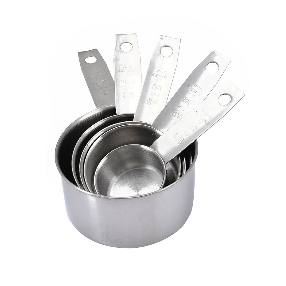 5pcs/set Baking Practical Durable Cooking Non Toxic Kitchen Tool Gadgets Stainless Steel Portable Measuring Cups Silver Spoons