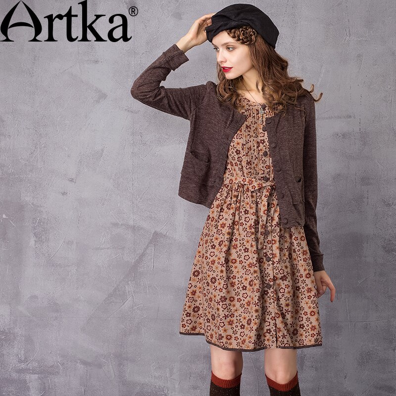 ARTKA-vestido de otoño con estampado Floral, conjunto de dos piezas con cuello redondo, manga larga, cintura imperio, a la , LA10437Q