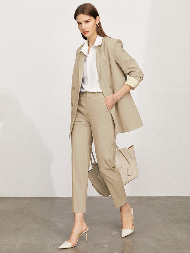 Amii-Conjunto de dos piezas minimalista de oficina para mujer, chaqueta, abrigo, pantalones de cintura alta, traje femenino, 12160022