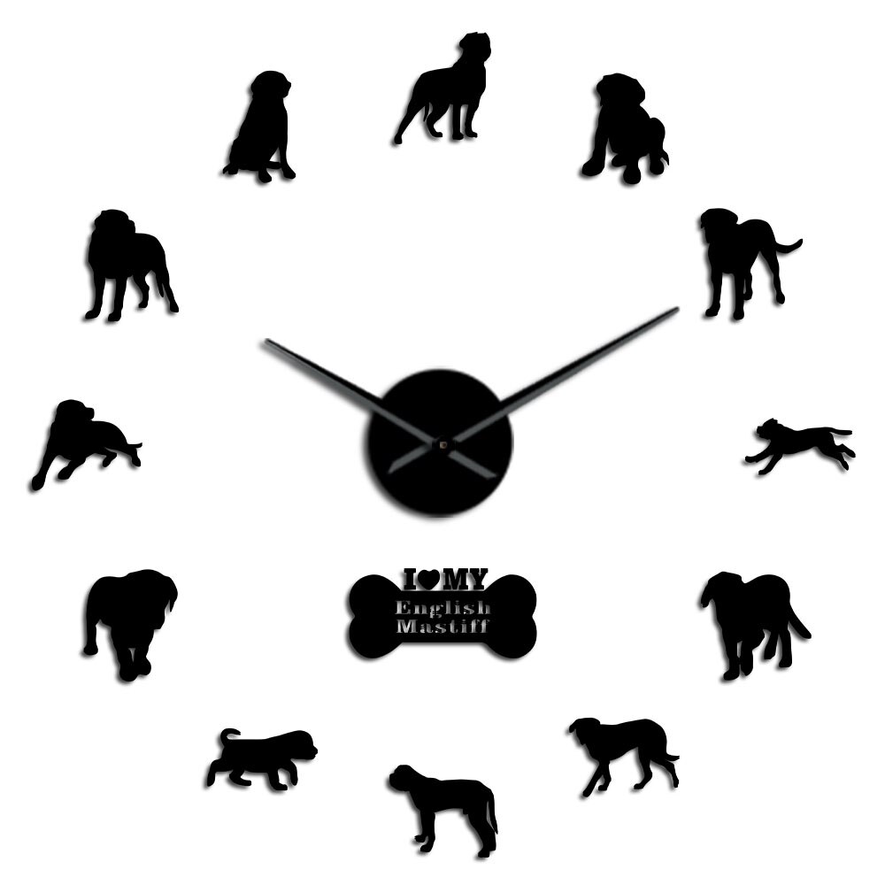 Mastiff inglés Original perro silencioso espejo de barrido superficie reloj DIY decorativo para marcador amante mascota propietario Oficina sala de estar: Black / 12  inch