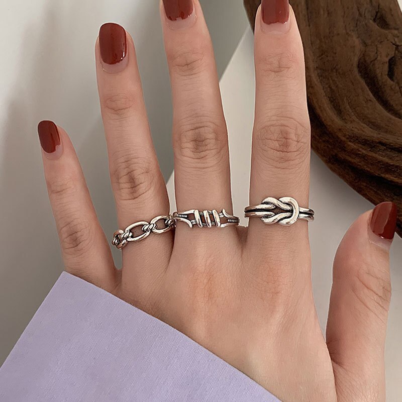 ANENJERY 925 Sterling Silver Combination Rings for Men Women Retro Personality Niche Chain Rings Party Jewelry