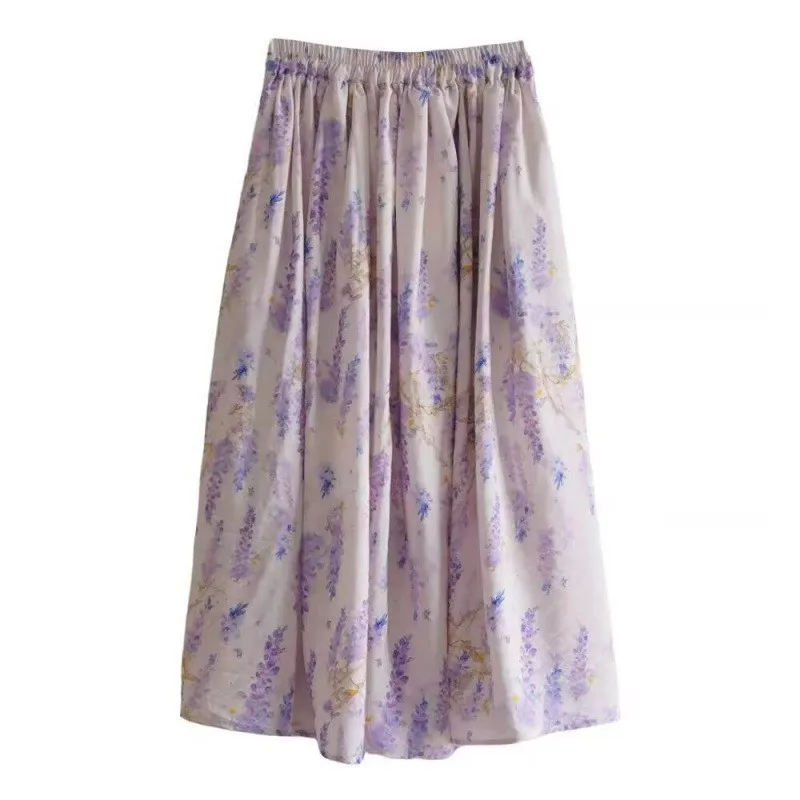 Spring Summer Light Purple Wisteria Half Skirt Women's Midi Floral A- Line Skirt Fresh Cotton Linen Plant Floral Pattern