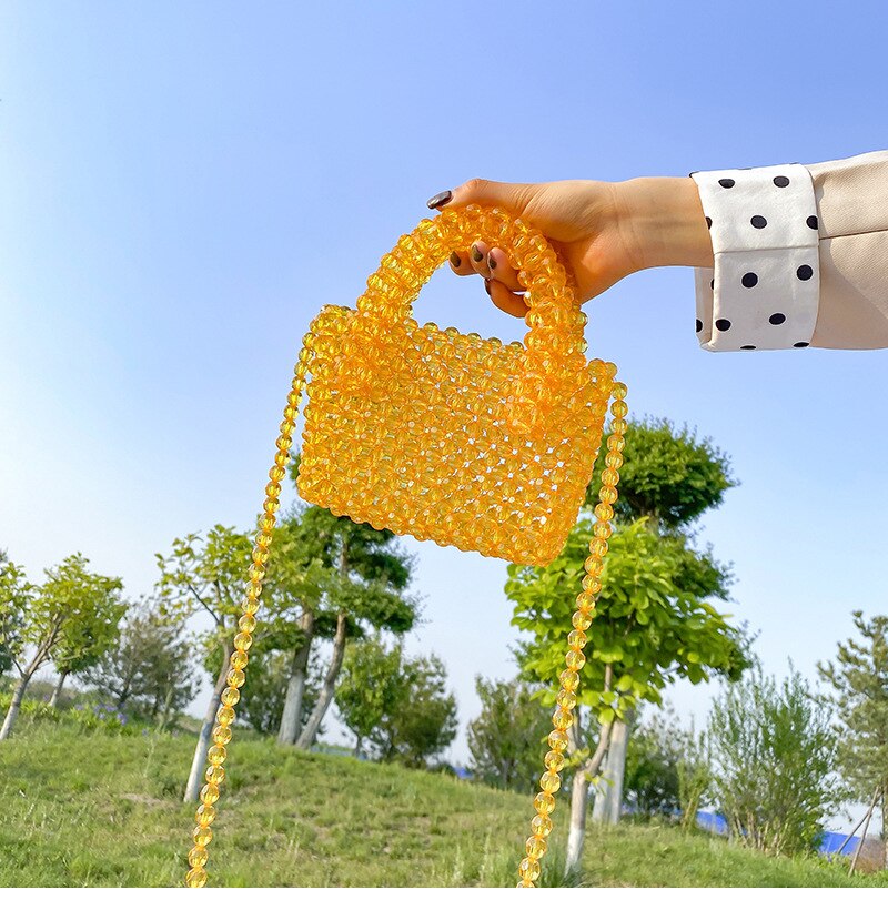 Transparent Crystal Glass Pearl Bags Women Handmade Handbag Bling Hollow Clear Top Handle Hand Bags Summer Beach Party Purse Bag
