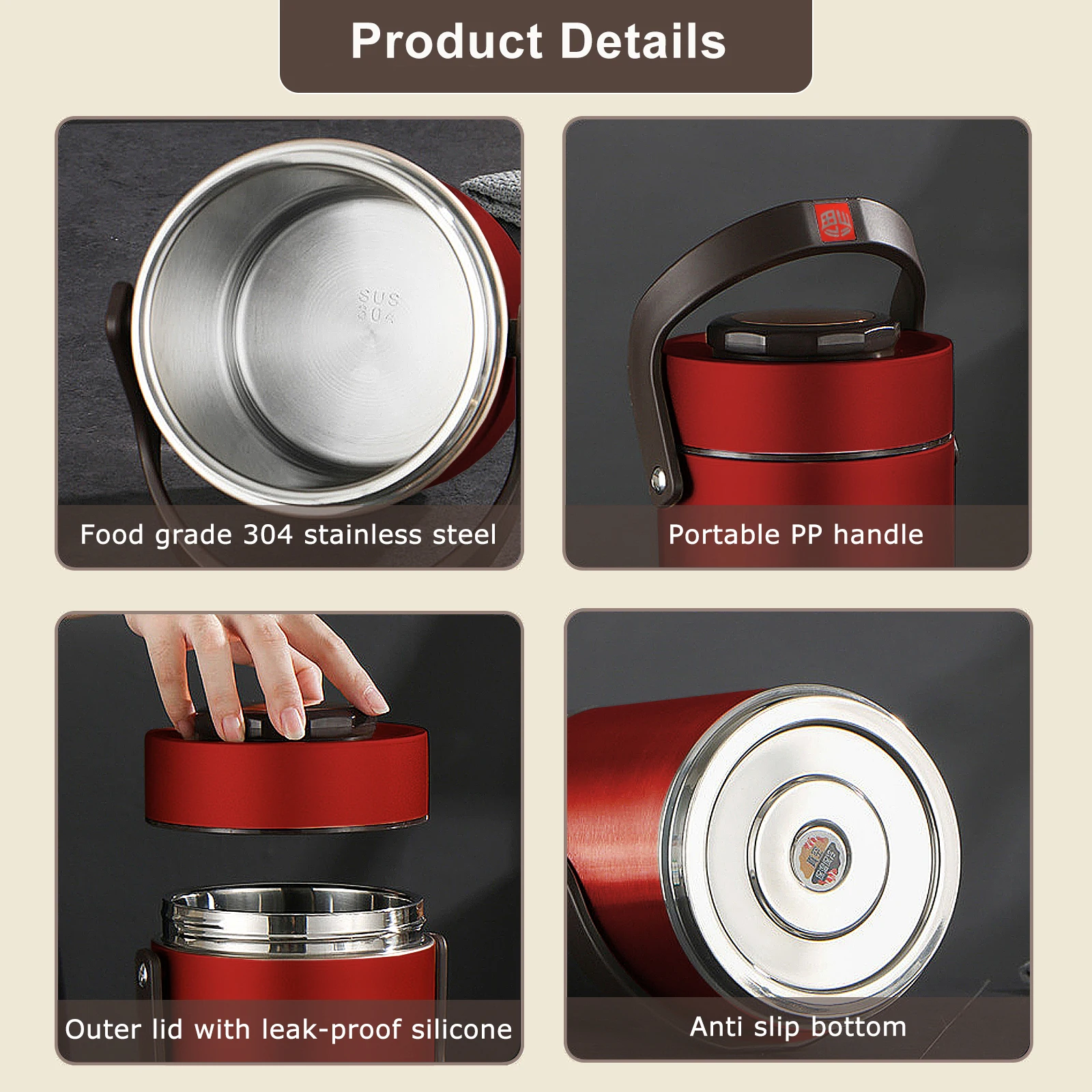 304 stainless steel insulation bucket insulation lunch box 3 layers 2L