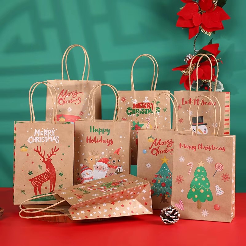 8-32pcs Kraft Paper Bags with Handles Christmas And Year Printed Patterns for Packaging Presents: Deep Sapphire