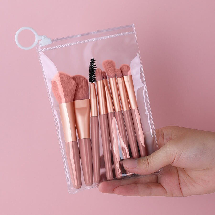 FJER-Mini brochas de maquillaje de viaje, 8 piezas, portátil, corrector suave, herramienta de sombra de ojos, base de belleza, cepillo de rubor para pestañas con bolsa: pink without bag