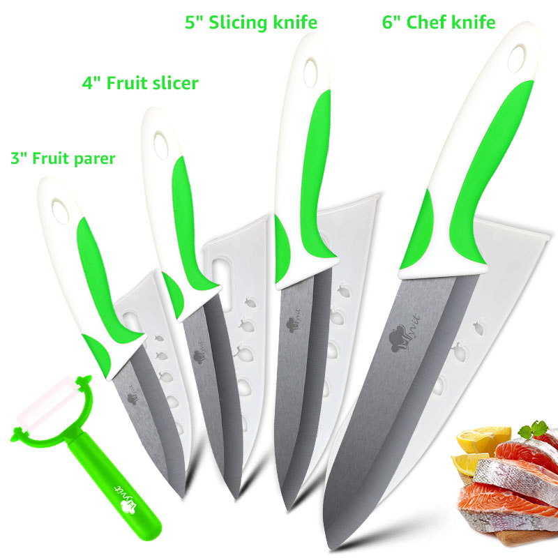 Kitchen Ceramic Knife 3 4 5 6 inch + Peeler Chef Paring Utility Slicing Fruit Vegetable Knife Black Blade Kitchen Cooking Tool: 3456 Green White