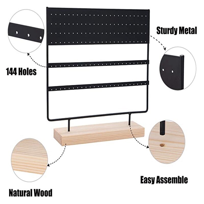 Earring Stand Display Rack 3-Tier Ear Stud Holder Jewelry Organizer Ear Stud Earring Holder 144 Holes with Wood Base