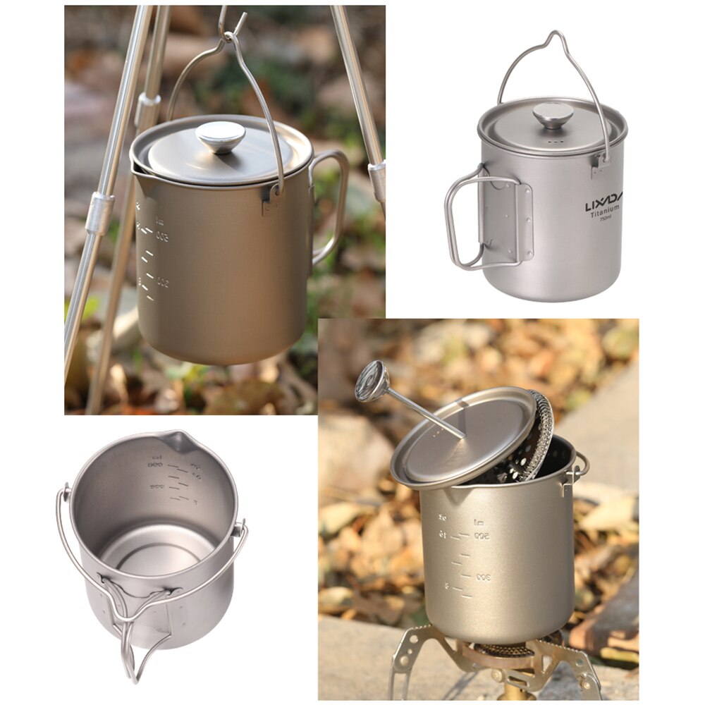 750ml titanium kaffekop krus fransk presse kande kaffemaskine udendørs camping kogegryde med sammenfoldelig titanium ske