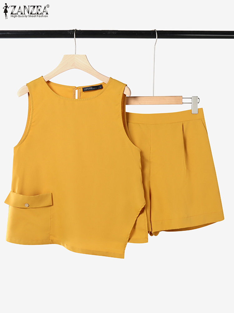 Zanzea sommar 2 st outfits ärmlös oregelbunden blus korta set casual enfärgade träningsoveraller kvinnor lösa matchande set
