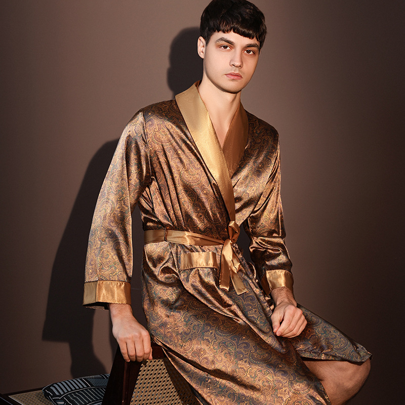Nachthemden Männer Sommer Dünne Bademantel Große Größe Eis Seide Gedruckt Pyjama einteiliges Kleid Männlichen Loungewear herren Frühling: XL / Beige