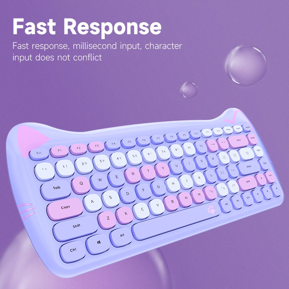 GEEZER 2.4G Wireless Keyboard Mouse Combo 84 Keys Membrane Keyboard Ergonomic Mouse 3-gear Adjustable DPI Cute Appearance Purple