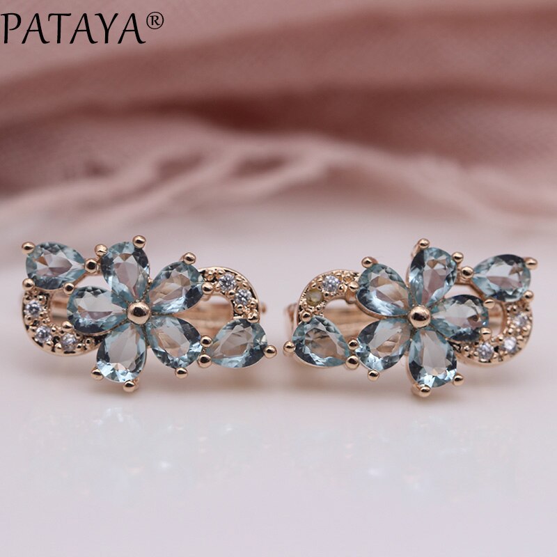 PATAYA Water Pruimenbloesem Dangle Oorbellen Vrouwen Mode Trendy Sieraden 585 Rose Goud Bloemblaadje Natuurlijke Zirkoon Blauw Oorbellen: Light Blue