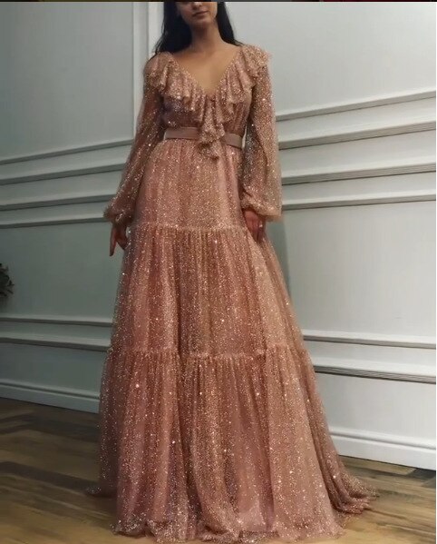 Blush Pink Prom Dresses Long Sleeve Bling Bling V Neck A Line Evening Gown Formal Dress Vestido De