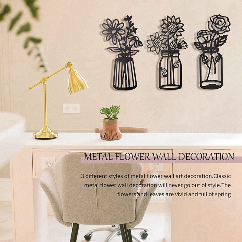 Set Of 3 Metal Flowers Wall Decor Metal Flower Minimalist Metal Flower Wall Art Decor Wall Art Black Flower Iron Decor