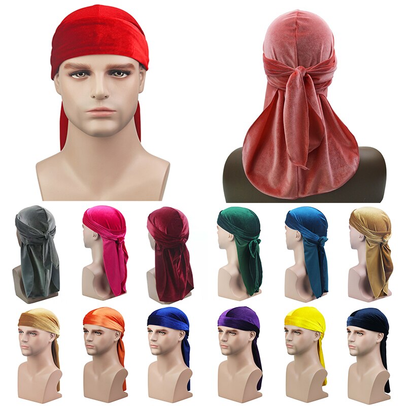 Mannen Fluwelen Lange Staart Durag Hip Hop Tulband Ademend Bandana Hoed Fluwelen Zijdeachtig Satijn Durag Doen Doo Du Rag Lange staart Headwrap