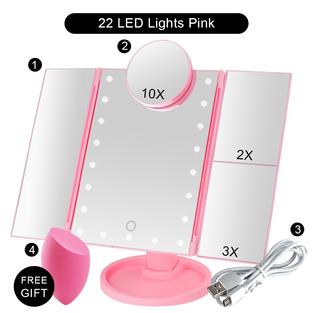 22 lys makeup spejl led touch screen bord bord makeup 1x/2x/3x/10x forstørrelses spejle 3 folde justerbart makeup spejl: Pk 22 lys sæt d