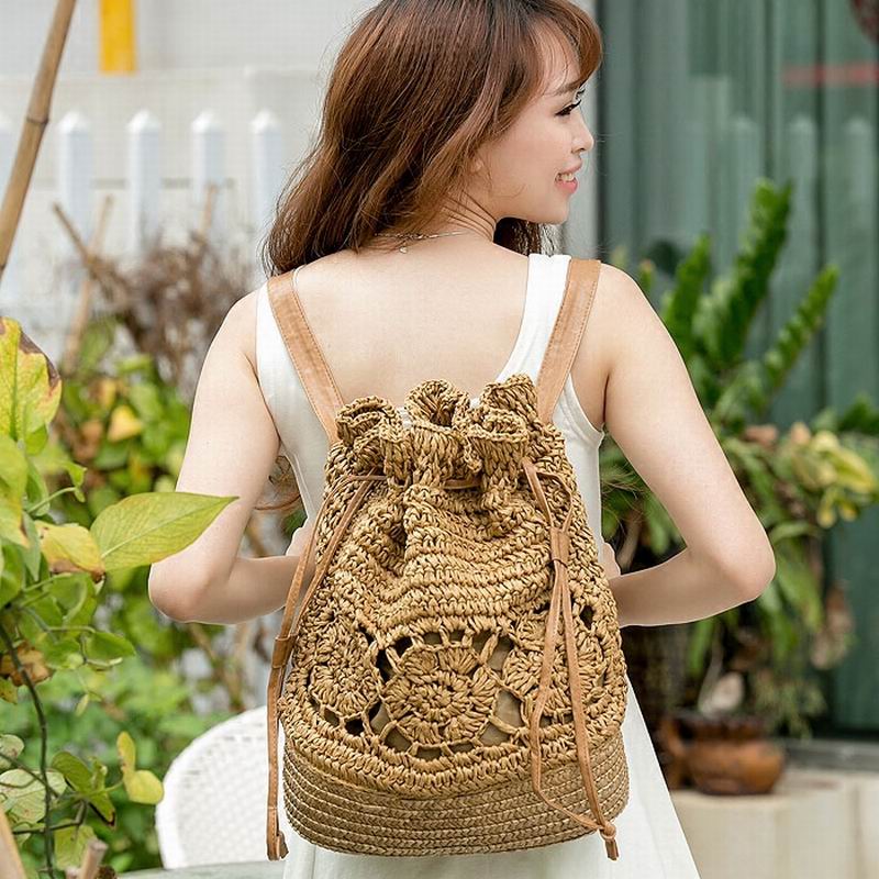 Bolso de paja de ganchillo para mujer, mochila de punto de vides para playa, bolsas con cordón, mochila de viaje, Bohemia