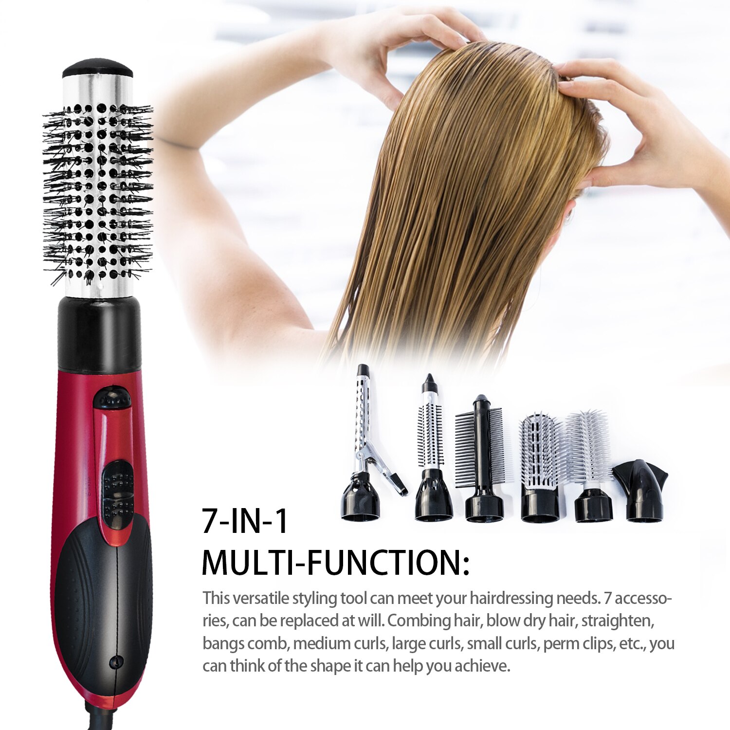 Brosse à lisser rotative 7 en 1, électrique Hor Air, sèche-cheveux, peigne à Air , Ion négatif, coiffeur
