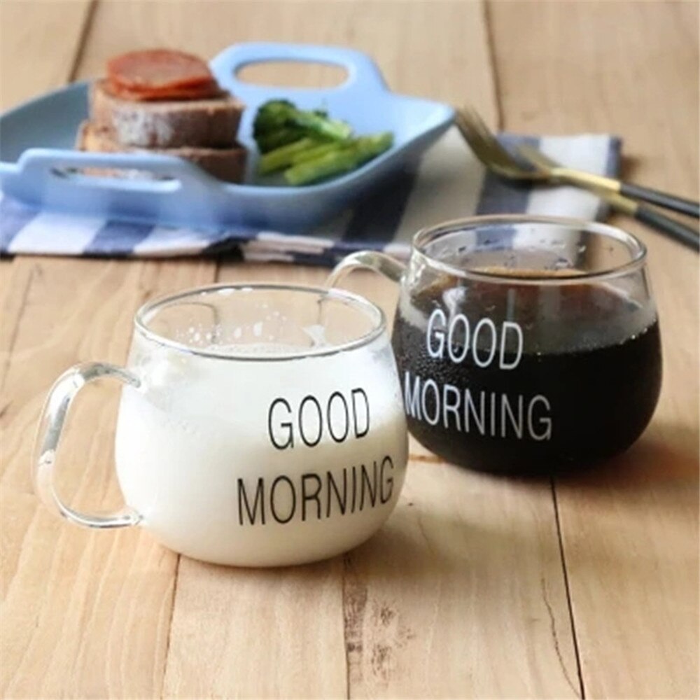 1 stk glas morgenmad kop kaffe te mælk yoghurt krus bogstaver trykt krus gennemsigtigt håndtag drinkware