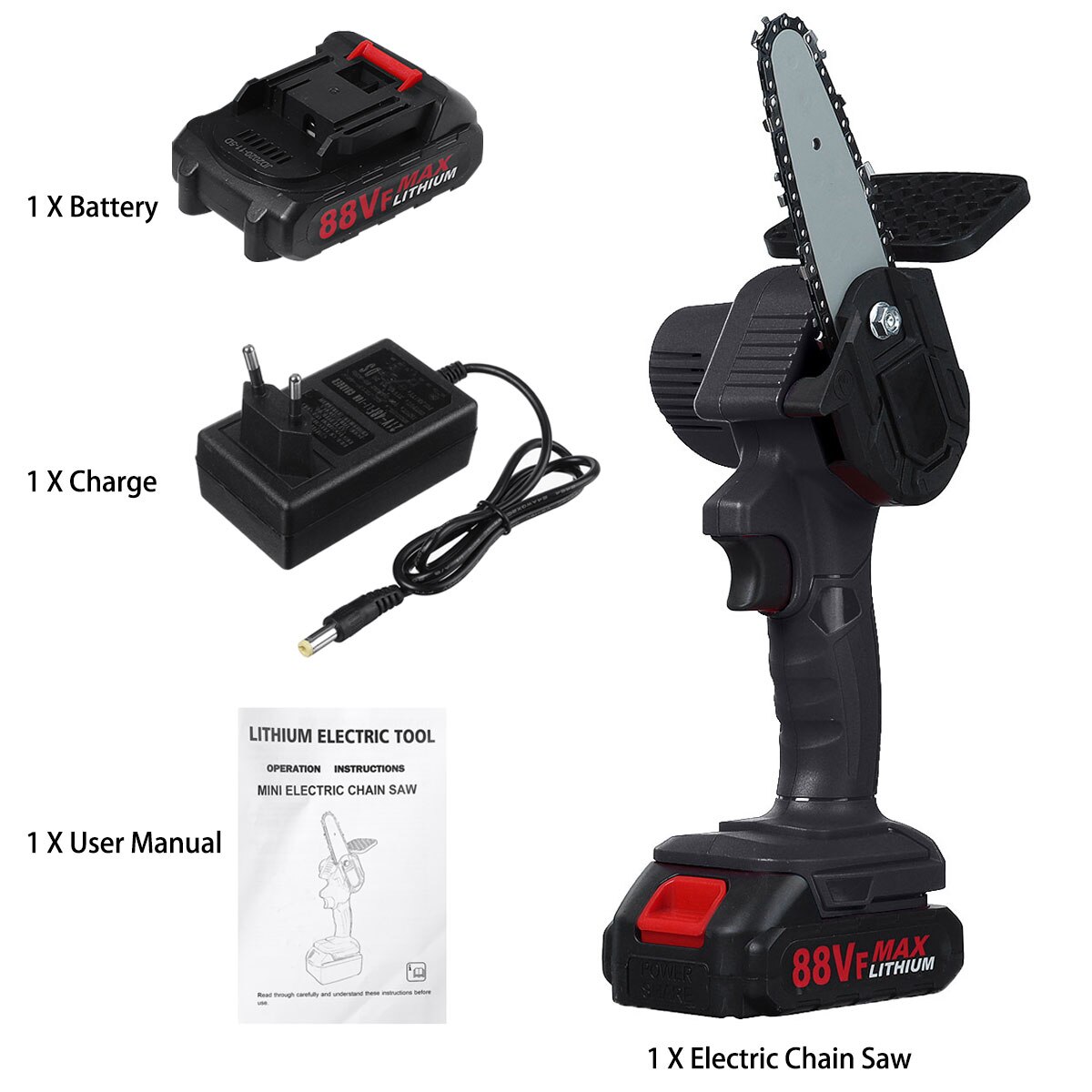 Mini sierras de cadena eléctricas 88VF, motosierra de poda, sierra de corte para árboles de jardín inalámbrica, para cortar madera con batería de litio: Black 1 Battery