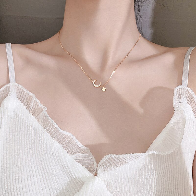 Böhmischen Mond Sterne Kristall Herz Choker Halskette für Frauen Schmetterling Halsketten Anhänger auf Neck Chocker Mädchen Koreanische Schmuck: gold moon star