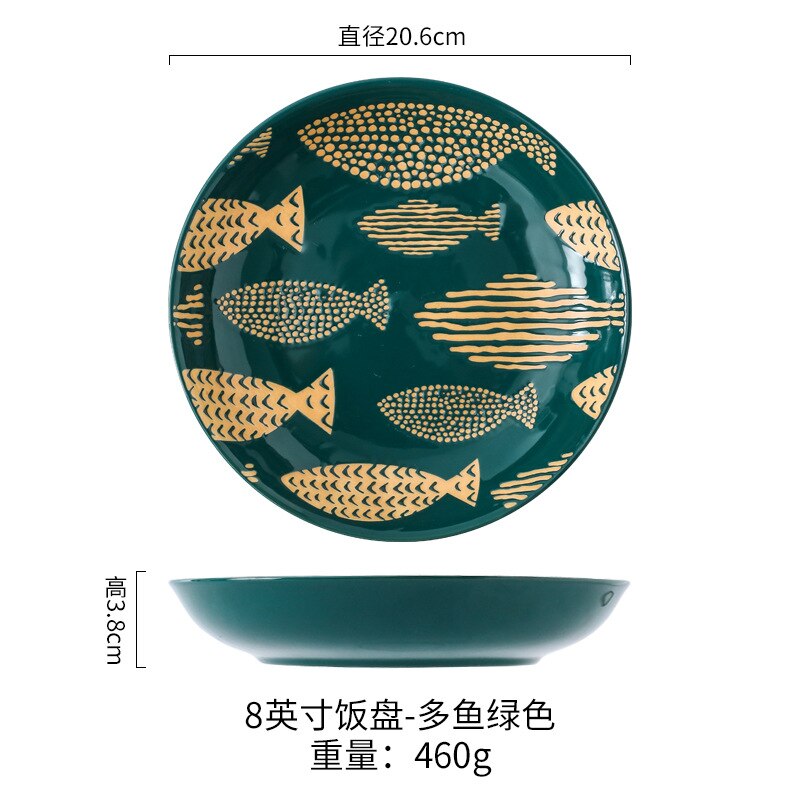 Vajilla de 8 pulgadas de estilo japonés, plato de cerámica esmaltado a mano, para restaurante, platos Dim Sum, platos redondos para el hogar: Fish Green