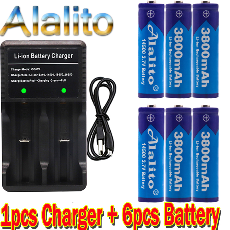 Original 14500 battery 3.7V 3800mAh Rechargeable Li-ion Batteries For Flashlight + EU US Battery Charger: Blue