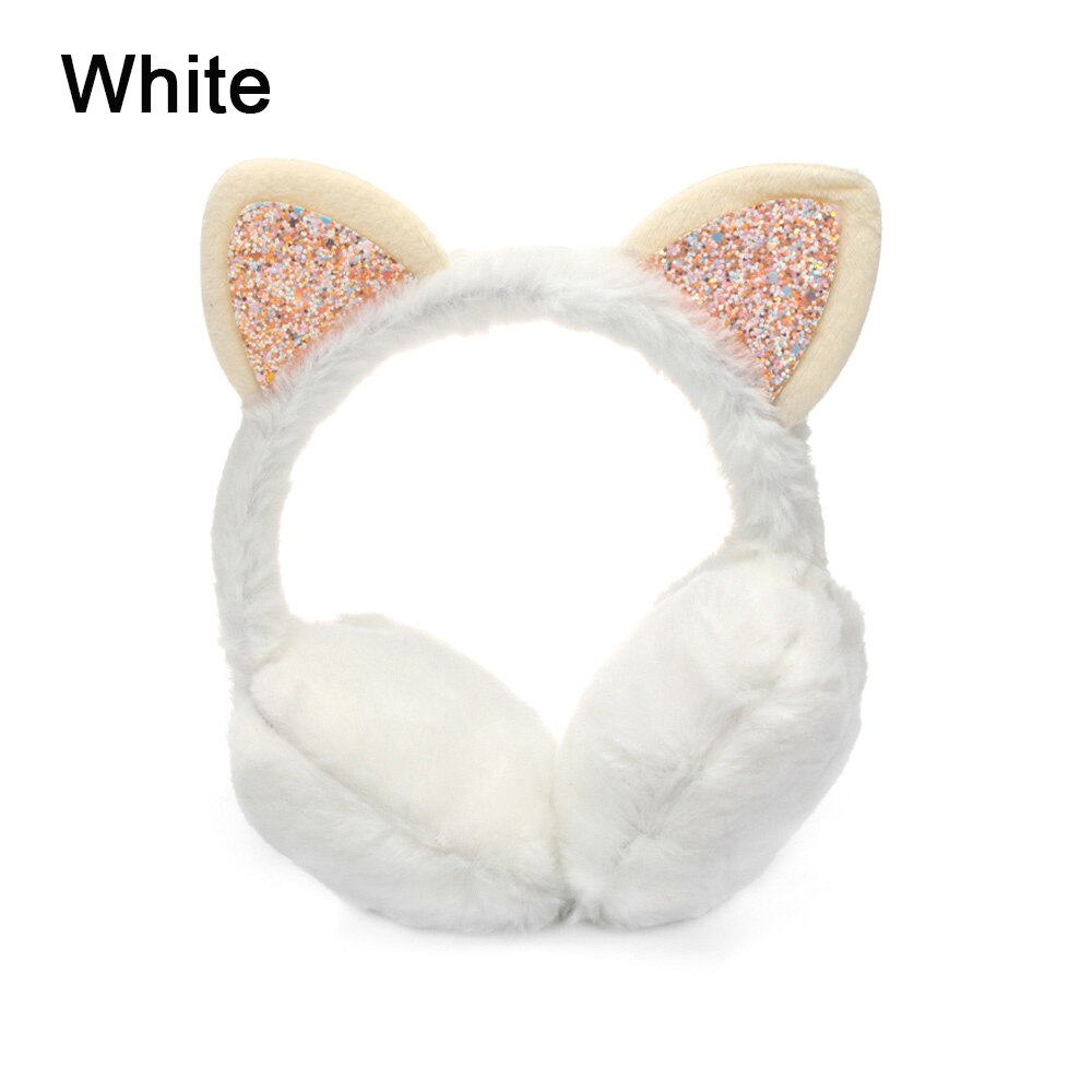 Lovely Winter Ear Muffs Ear Warmer Thicken Plush Unicorn Earmuffs Fluffy Sequin Ear Cover Cute for Cold Weather: Cat-white