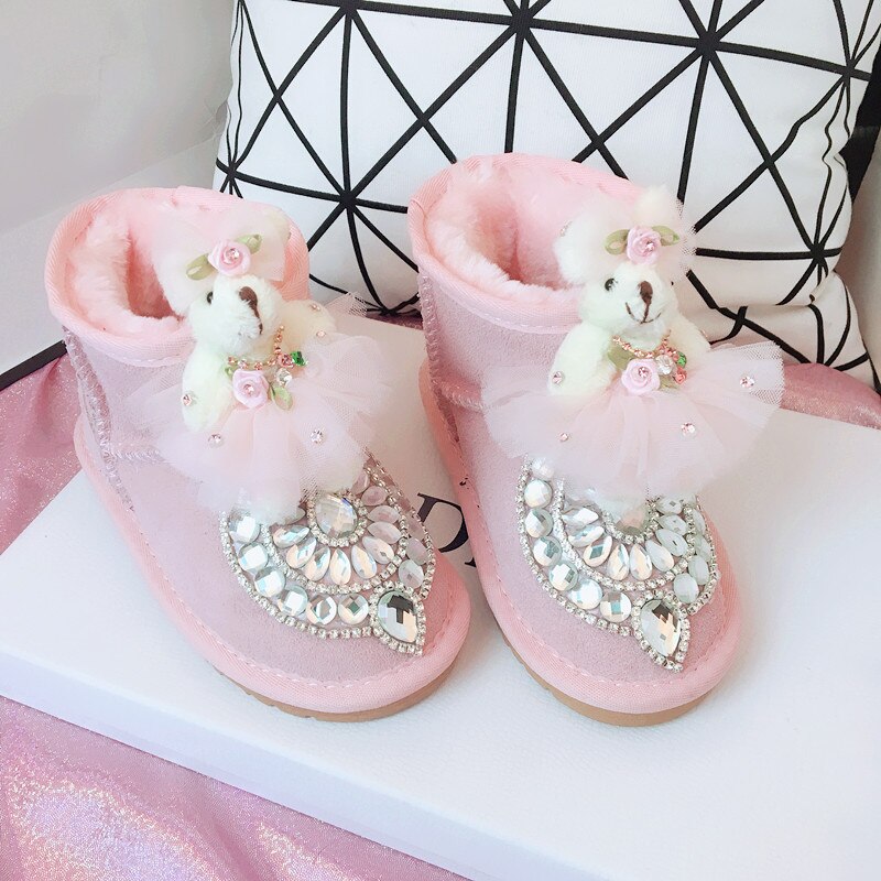 Bottines de neige pour enfants, chaussures chaudes pour bébés filles, chaussures souples avec strass, en cuir véritable,