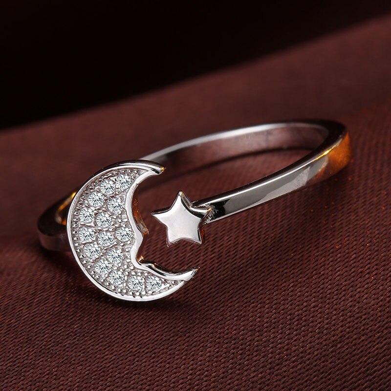 Crazy Feng-Anillos ajustables con forma de Luna y estrella plateada, bisutería de lujo de cristal para compromiso de boda, para amantes