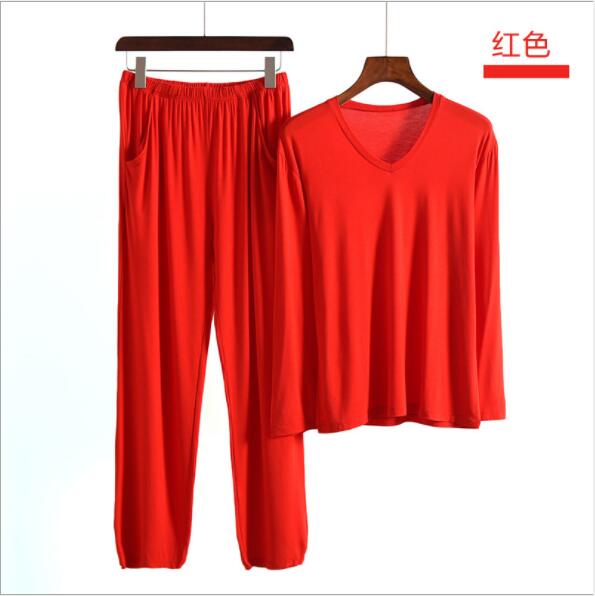 Fdfklak vår höst herr pyjamas herr nattkläder nattkläder plus size l-xxl modal pijamas 2 stycken sovset: Röd / Xl