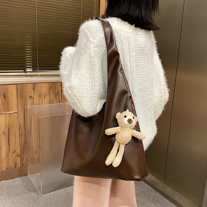 с доставкой High Capacity PU Leather Bags2020 Trend Crossbody Bags Lady Bear pendant Handbags Female Shoulder Simple Bag