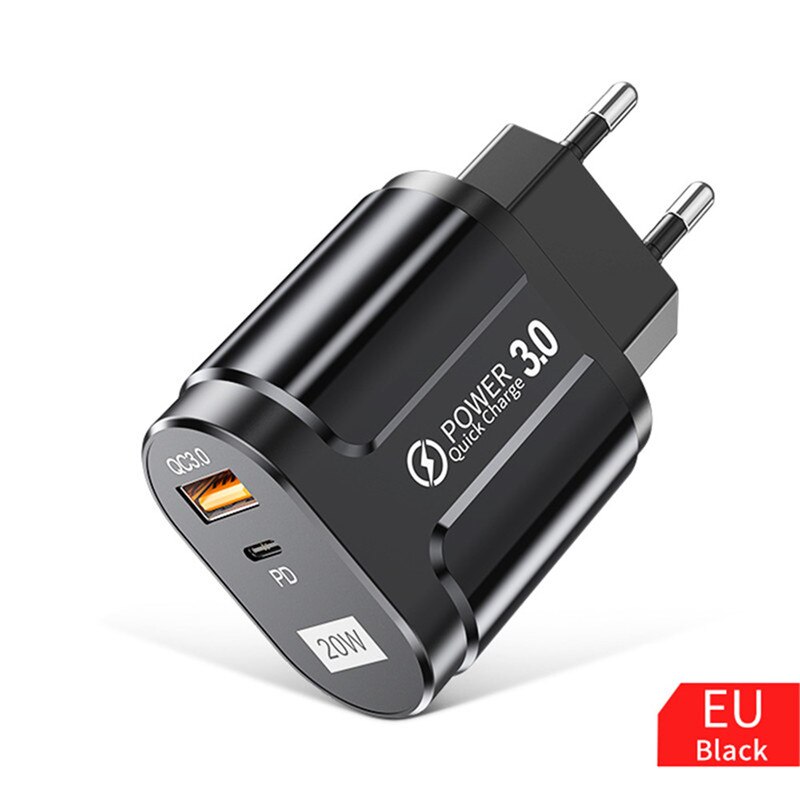 USLION 20W USB PD caricabatterie rapido QC3.0 USB ricarica rapida per iPhone Xiaomi Samsung il telefono adattatore di ricarica USB mobile spina ue usa: Black EU Plug